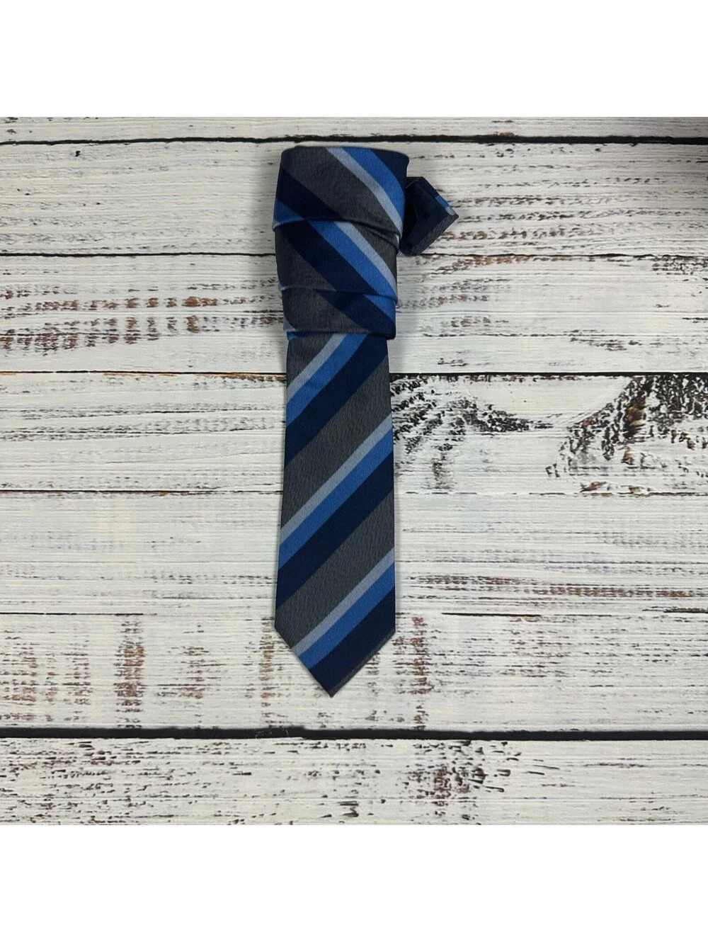 Banana Republic Tie Diagonal Stripe 100% Silk Navy Gray Blue One Size